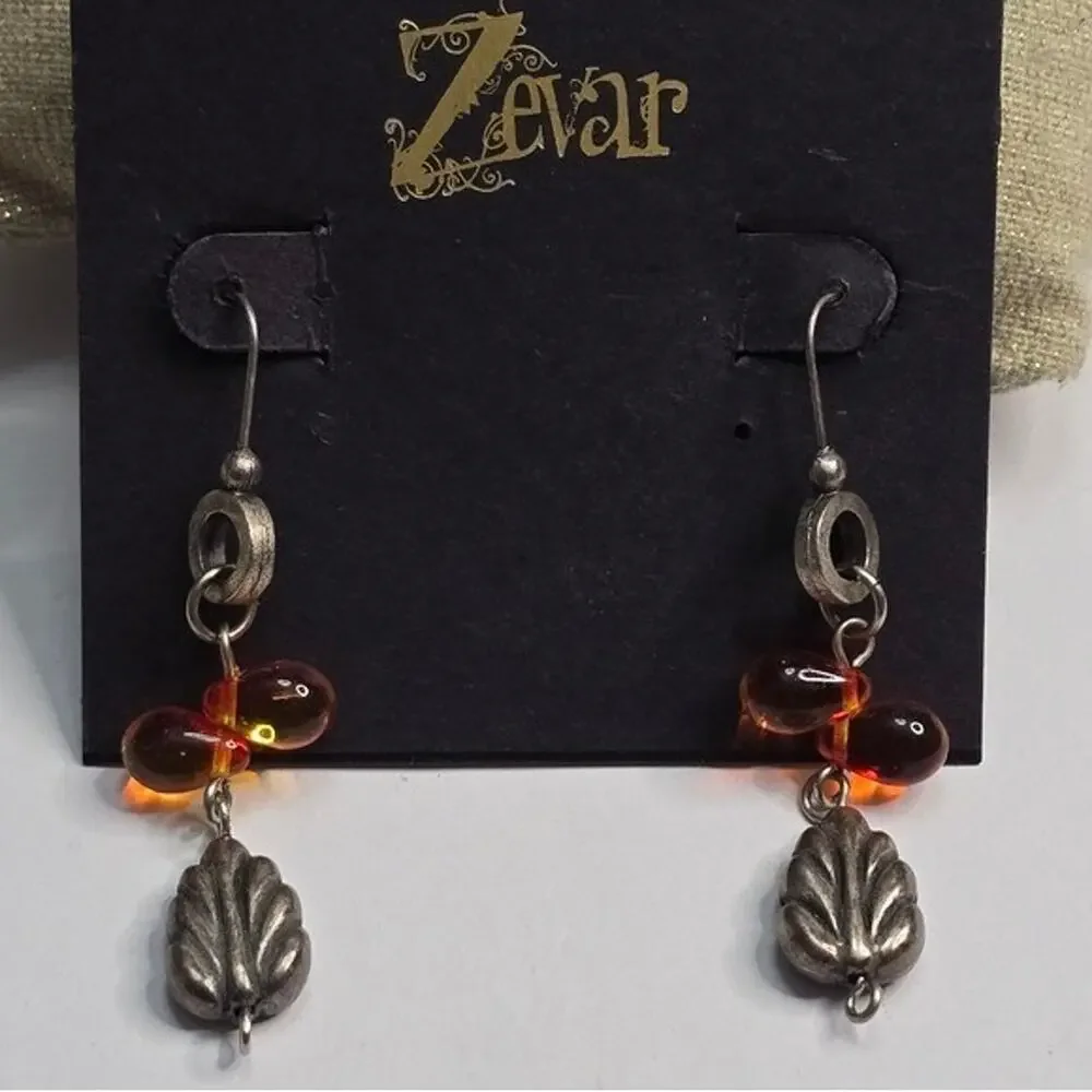 TreskA Zevar Amber Glass Bead Silver Tone Leaf Drop Earrings Bohemian Dangle